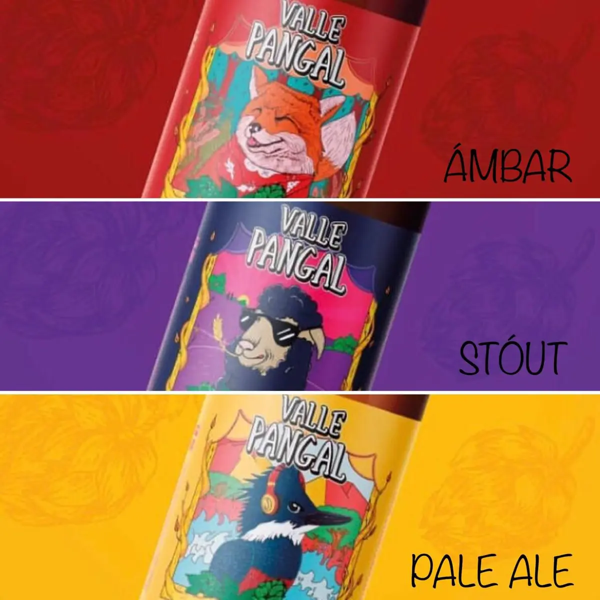 Etiquetas Ámbar, Stout y Pale Ale de Cerveza Valle Pangal